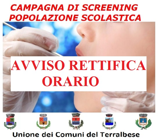 Campagna di screening anti Covid-19 POPOLAZIONE SCOLASTICA - Centro vaccinale di Terralba - AVVISO RETTIFICA ORARIO
