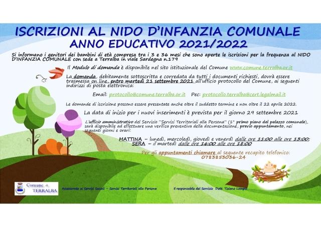 ISCRIZIONI AL NIDO D'INFANZIA COMUNALE - ANNO EDUCATIVO 2021/2022 