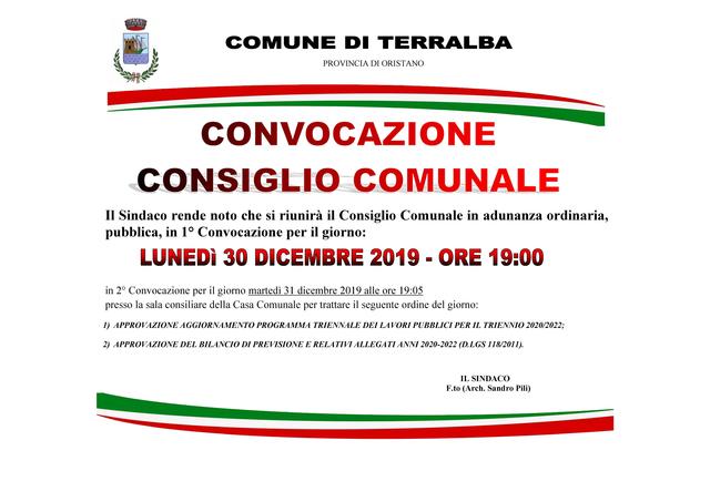 Convocazione del Consiglio Comunale In Seduta Ordinaria per lunedì 30 dicembre 2019 ore 19:00.