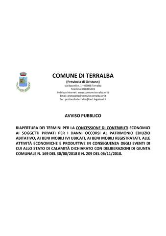 Riapertura dei termini per la concessione di contributi economici ai soggetti privati per i danni occorsi in conseguenza di eventi per i quali il Comune ha deliberato lo stato di calamità naturale.