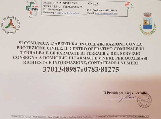 Terralba, Coronavirus: Servizio consegna a domicilio di farmaci e viveri.